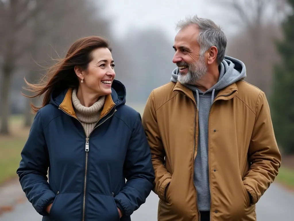 A smiling woman in a navy jacket and a gray-bearded man in a tan jacket walk side by side on a path in a park, looking at eac