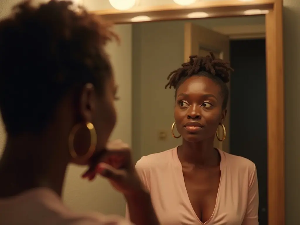A woman with gold hoop earrings and a pink top rests her hand at her chin and studies her reflection in a lit bathroom mirror