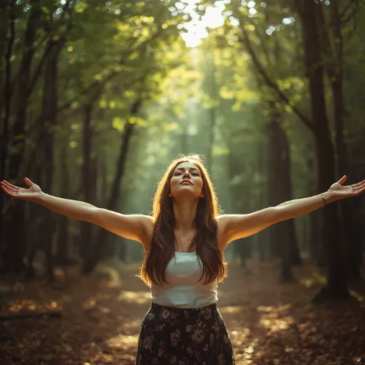 woman arms outstretched forest light spiritual freedom