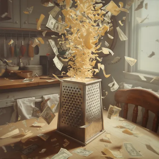 A cheese grater on a kitchen table with money and cheese flying out of the top in a dramatic swirl, symbolizing time, money, and productivity