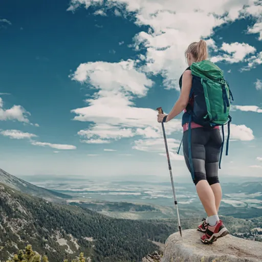 Backpacker enjoying a panoramic mountain view from a scenic hiking trail.
