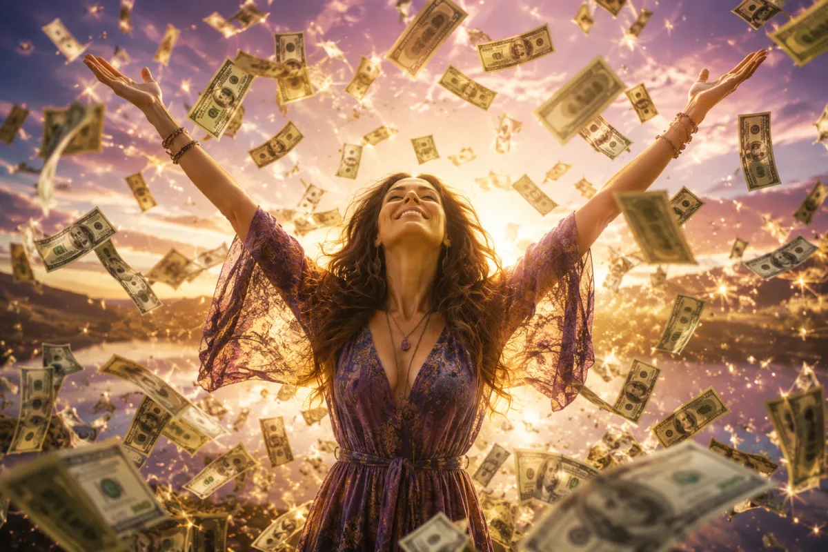 Woman standing in dollars swarming all around