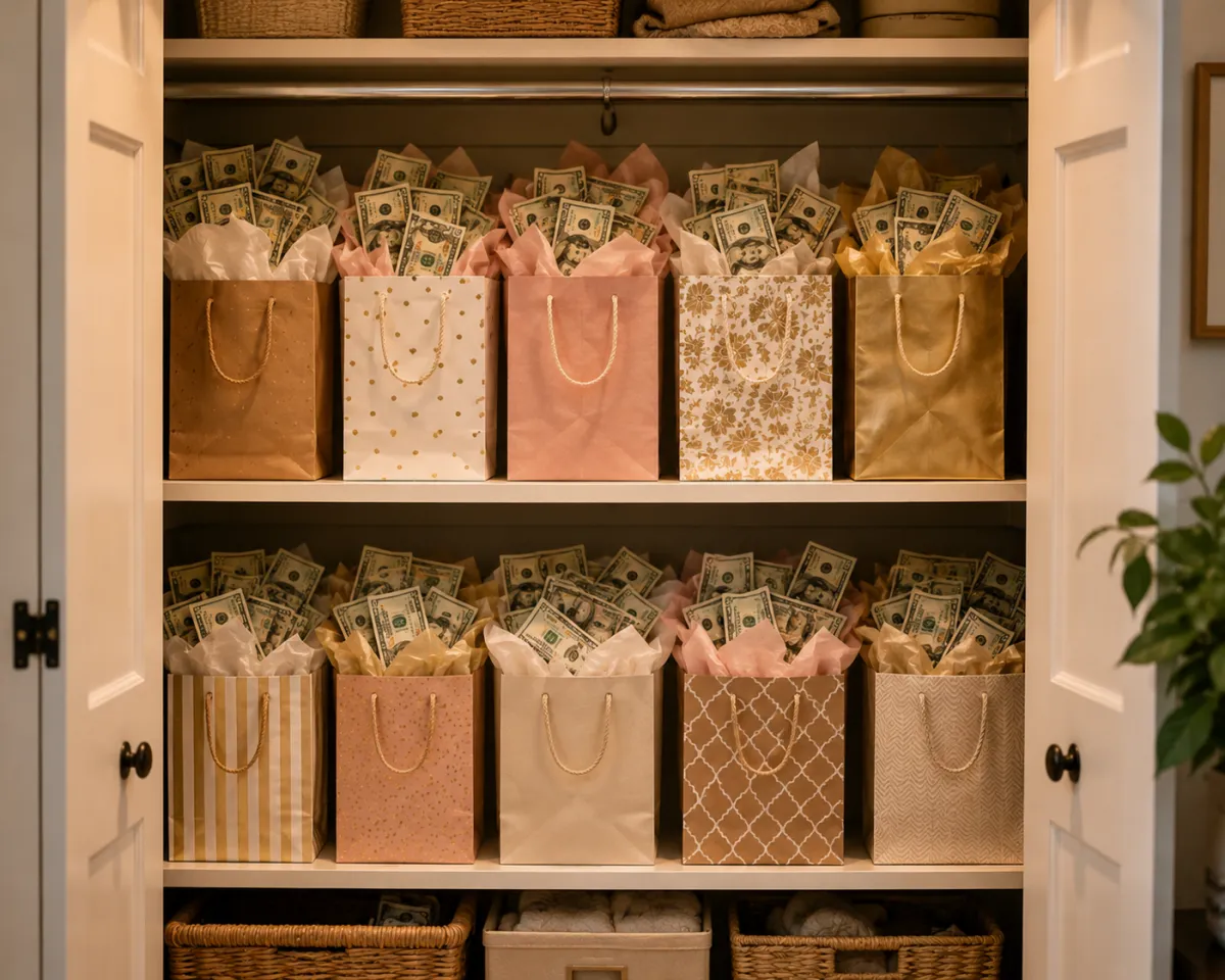 An open closet filled with colorful gift bags overflowing with U.S. dollar bills, symbolizing abundance and trust in the flow of money.