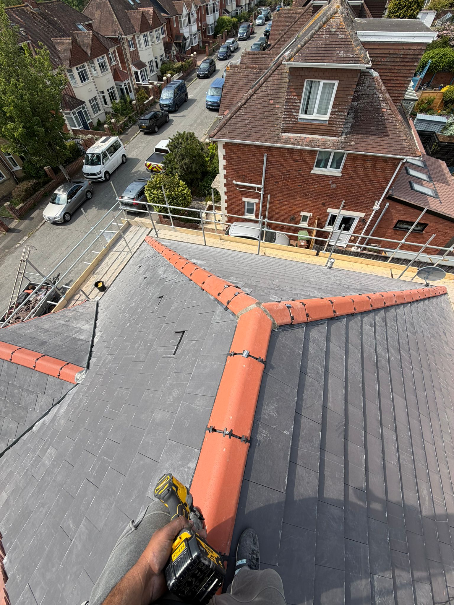 Newly completed slate roof installation