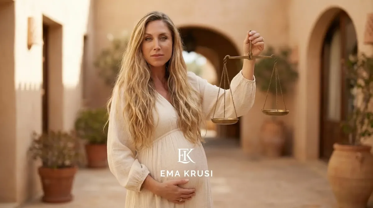 Femme enceinte blonde en robe claire, main sur le ventre, tenant une balance de justice dans une cour aux arches ocre.