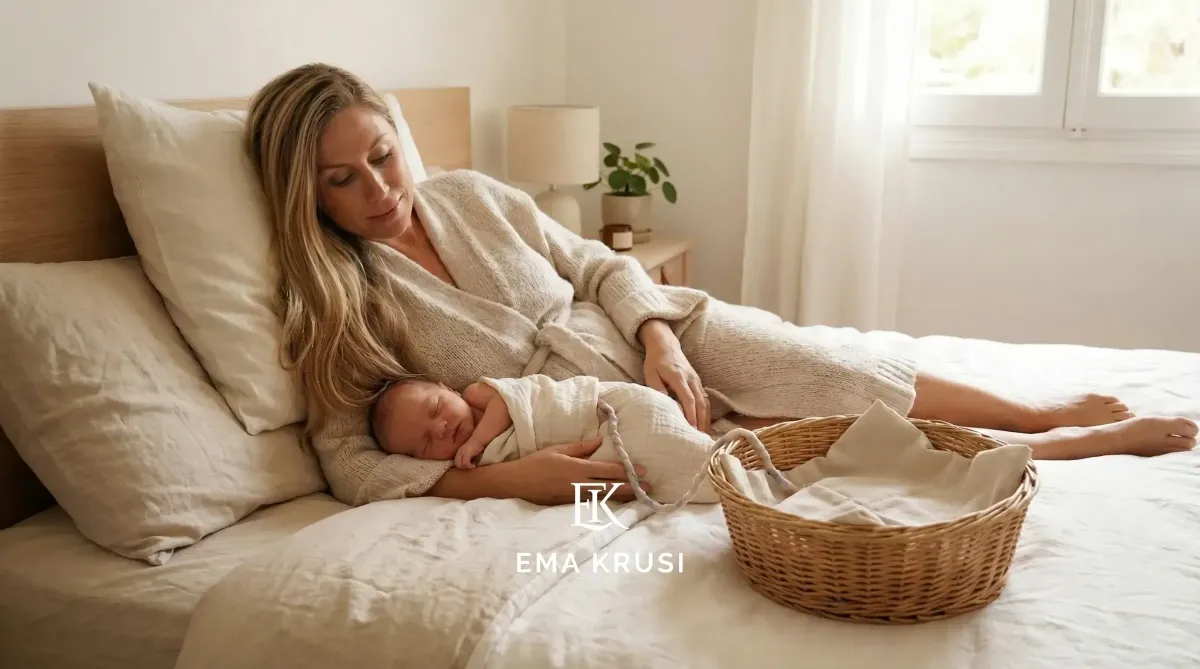 Mère allongée sur un lit, peau à peau avec son nouveau-né endormi, ambiance douce et lumineuse dans une chambre.