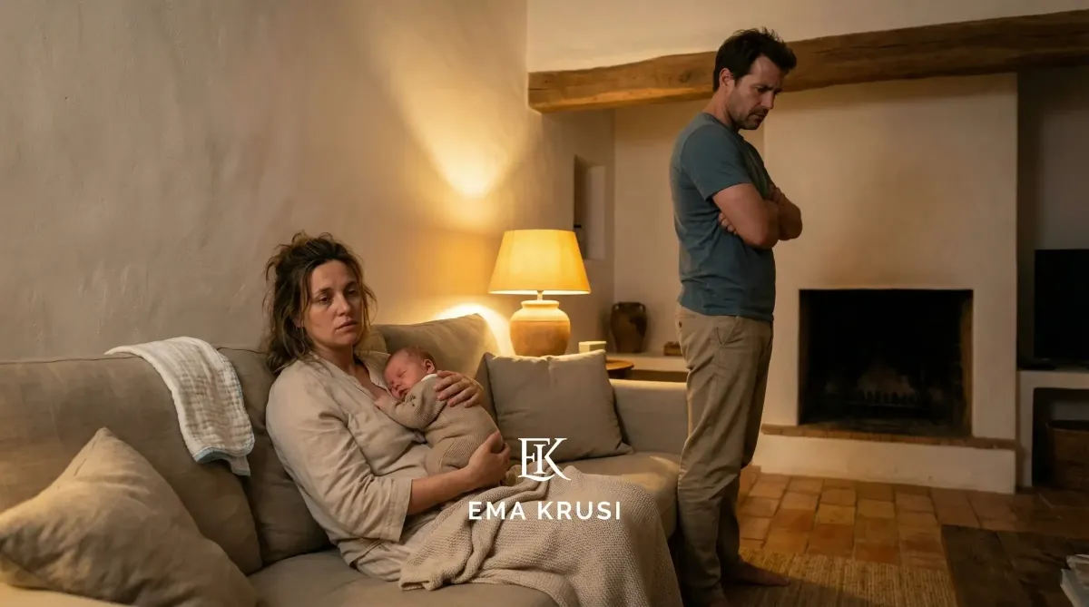 Mère épuisée tenant son bébé sur un canapé, père debout bras croisés, tension et fatigue en post-partum à la maison.