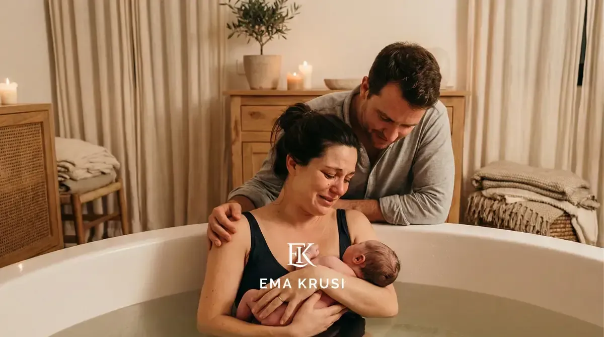 Mère dans une baignoire tenant son nouveau-né peau à peau, avec le père qui la soutient, ambiance douce à la bougie.