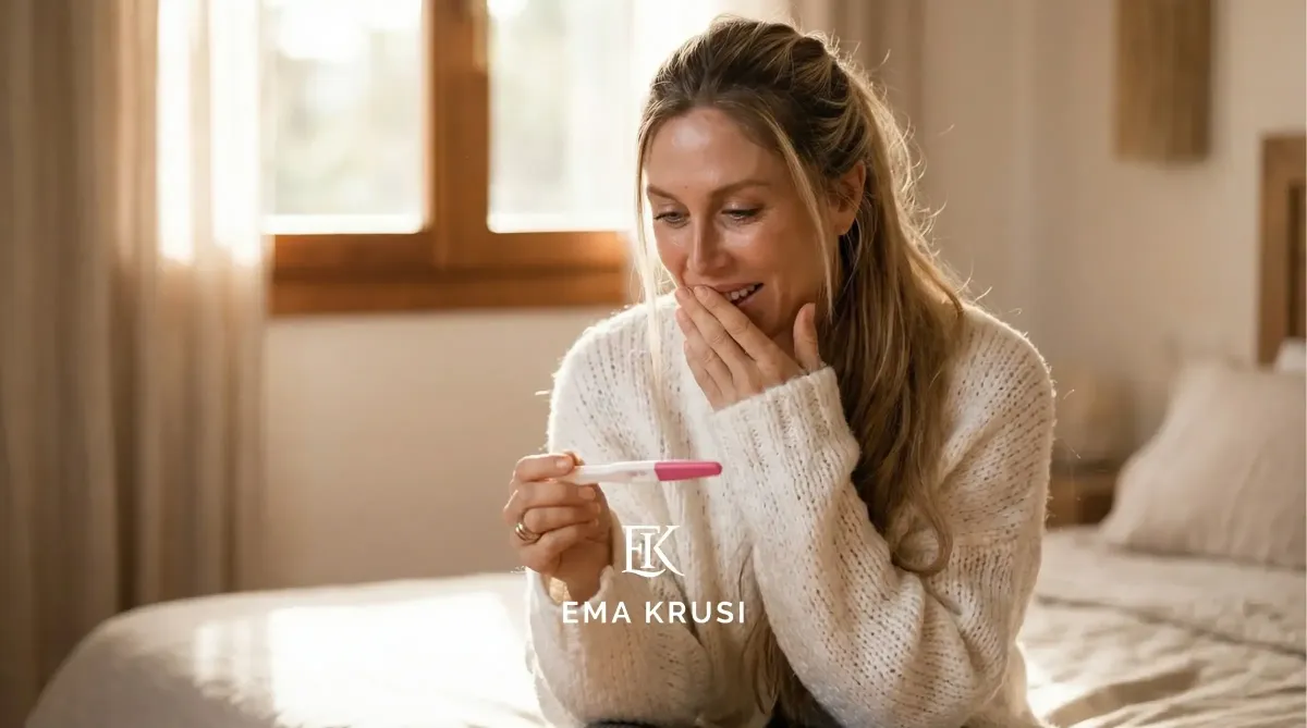 Femme tenant un test de grossesse positif, main sur la bouche, dans une chambre lumineuse.