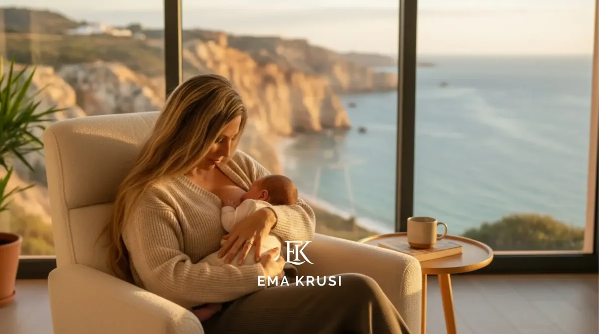 Mère allaitant son nouveau-né dans un fauteuil face à une grande baie vitrée avec vue sur l’océan et les falaises.