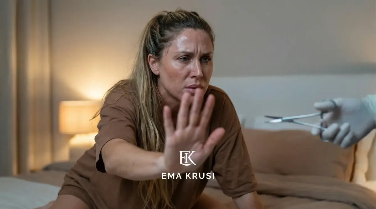 Femme en travail levant la main pour refuser une intervention, dans une chambre à lumière douce.