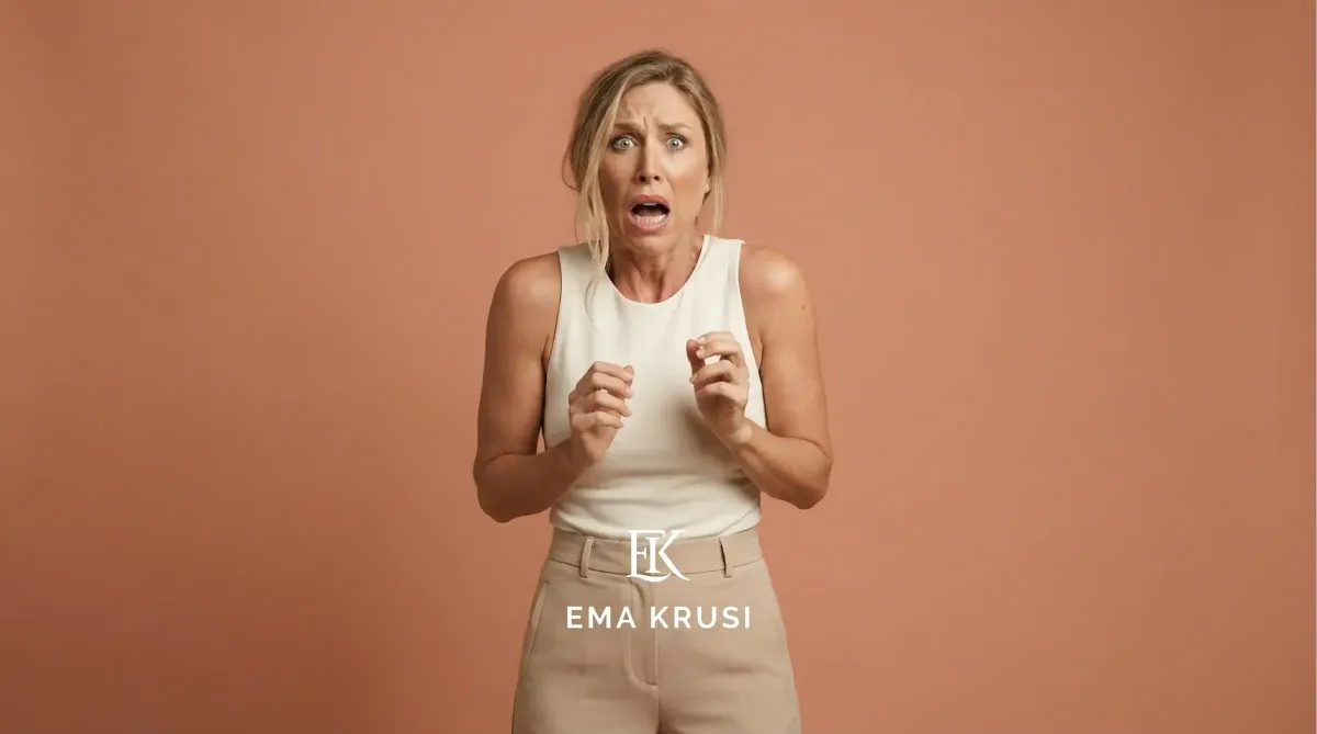 Femme anxieuse sur fond uni terracotta, expression de peur et mains relevées près du visage.