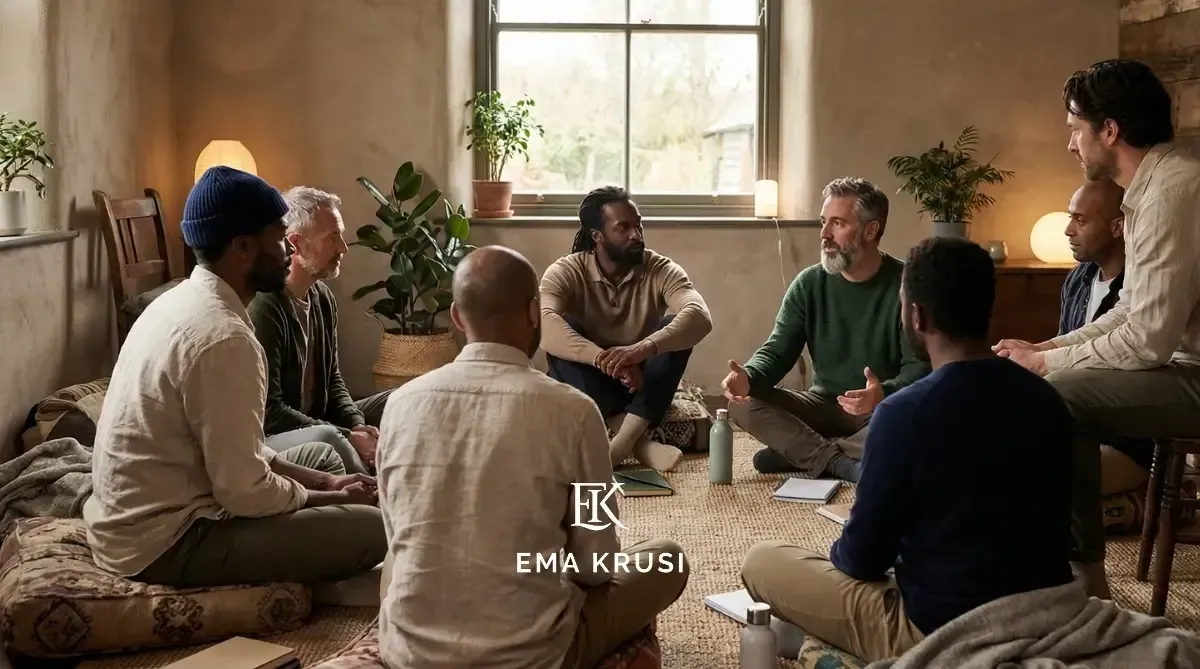 Groupe d’hommes assis en cercle lors d’un groupe de parole sur la paternité et la préparation à la naissance dans un espace chaleureux.