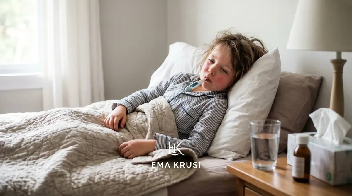 Enfant malade avec de la fièvre allongé dans son lit avec un thermomètre, symptôme de maladie infantile.