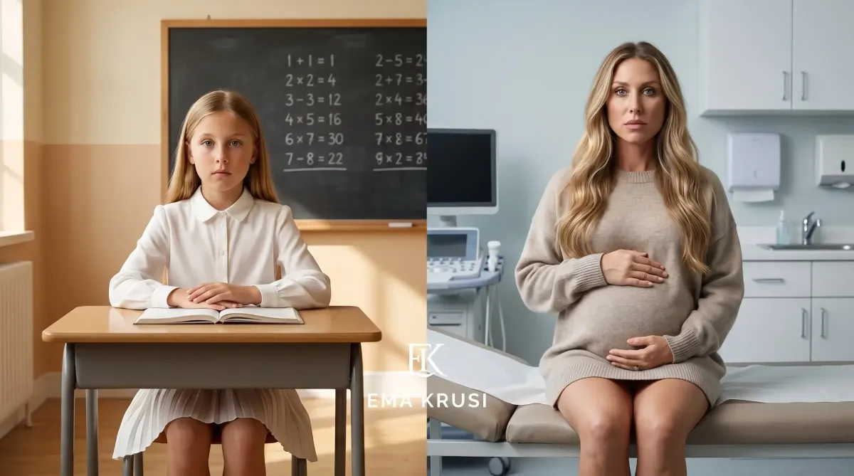 Fillette assise à l’école face à un tableau comparée à une femme enceinte en cabinet médical, conditionnement scolaire et médical des femmes.