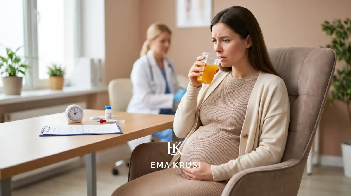 Femme enceinte buvant une solution sucrée lors du test du diabète gestationnel en cabinet médical.