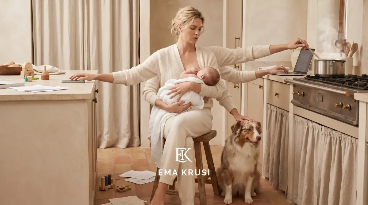 Jeune maman en post-partum essayant de gérer le quotidien, l’allaitement et la charge mentale après la naissance de son bébé.