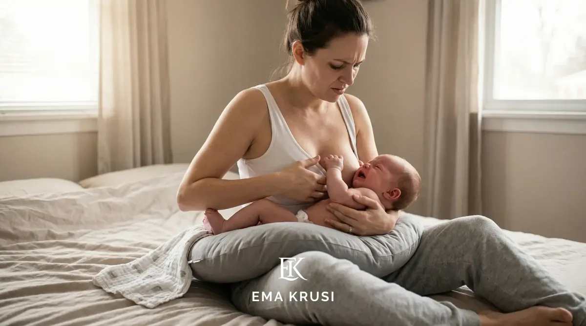 Jeune maman qui rencontre des difficultés d’allaitement et cherche une position plus confortable pour nourrir son bébé.