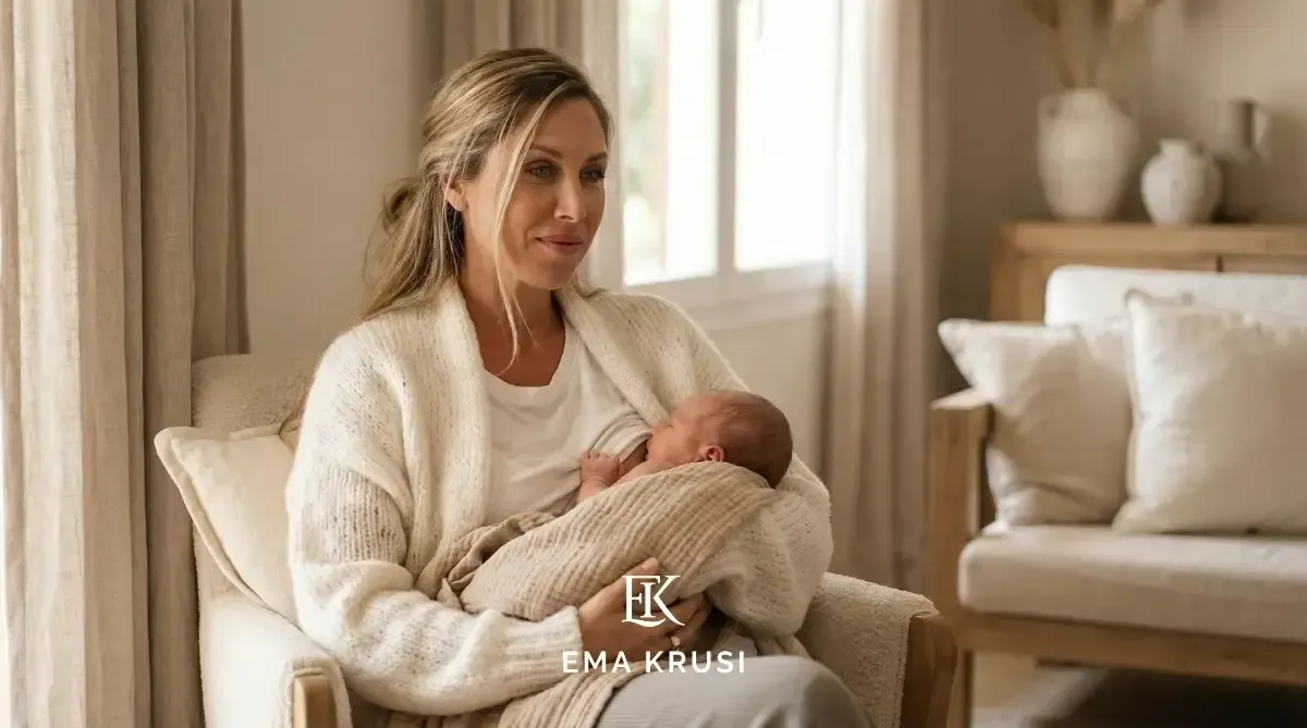 Jeune maman vivant un moment de calme et de connexion avec son nouveau-né pendant le post-partum dans un environnement chaleureux et rassurant.