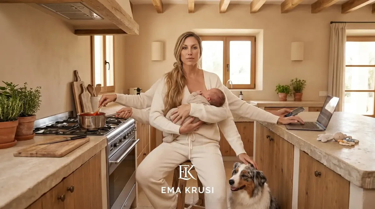 Mère allaitant son bébé tout en gérant plusieurs tâches à la fois dans la cuisine, illustrant la charge mentale du post-partum et la réalité du quotidien avec un nouveau-né.