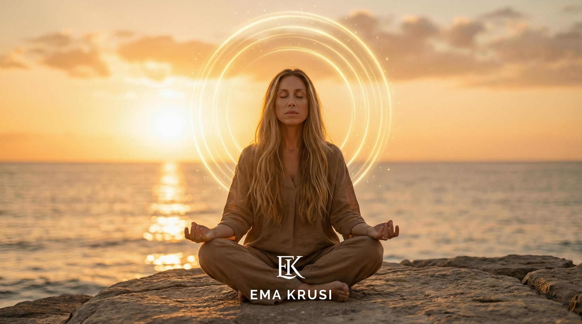 Femme assise en méditation face à l’océan au coucher du soleil, entourée d’un halo lumineux, illustrant la connexion intérieure, la régulation émotionnelle et le travail énergétique pendant la grossesse ou la préparation à la naissance.