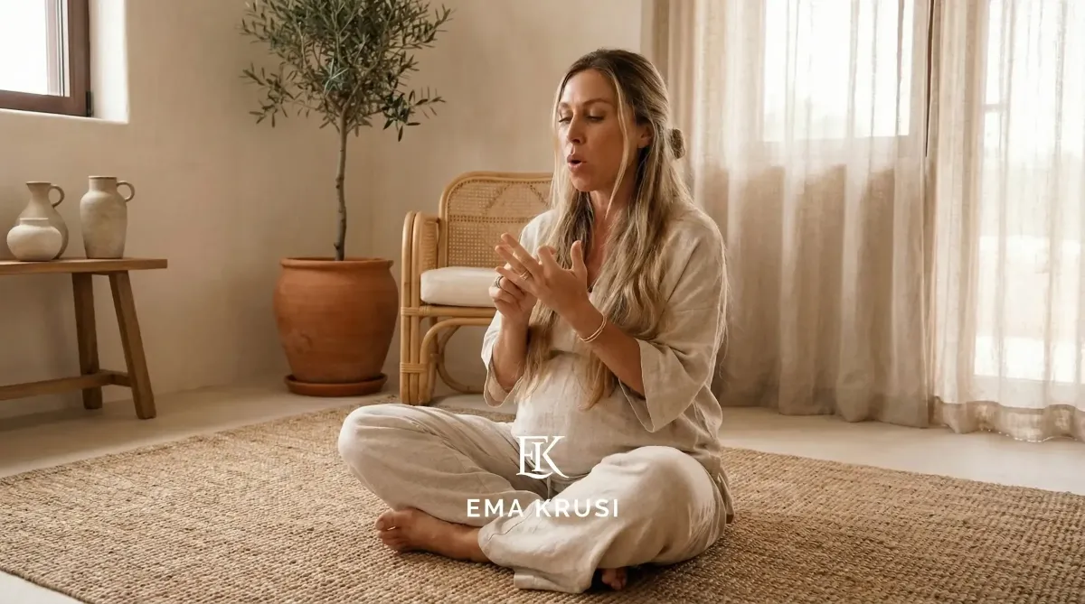 Femme enceinte assise au sol dans une pièce lumineuse, pratiquant une technique de respiration consciente pour accompagner les contractions et favoriser un accouchement physiologique.