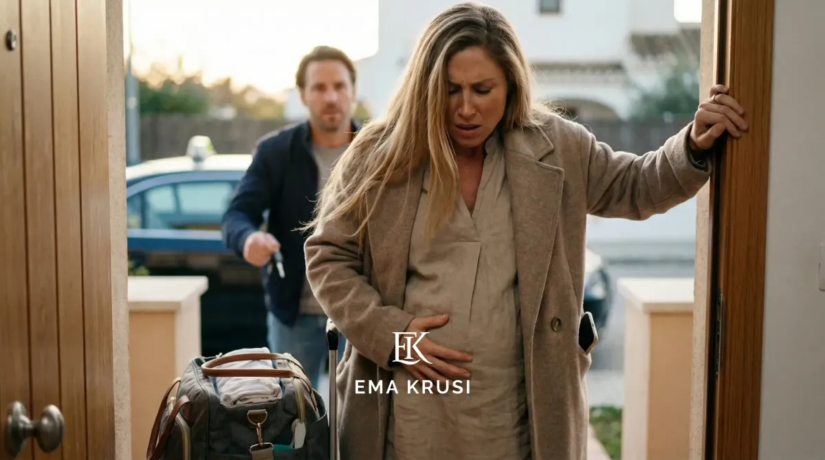 Femme enceinte franchissant la porte de son domicile pendant les contractions, accompagnée de son partenaire portant le sac de maternité, illustrant le départ précipité vers la naissance.