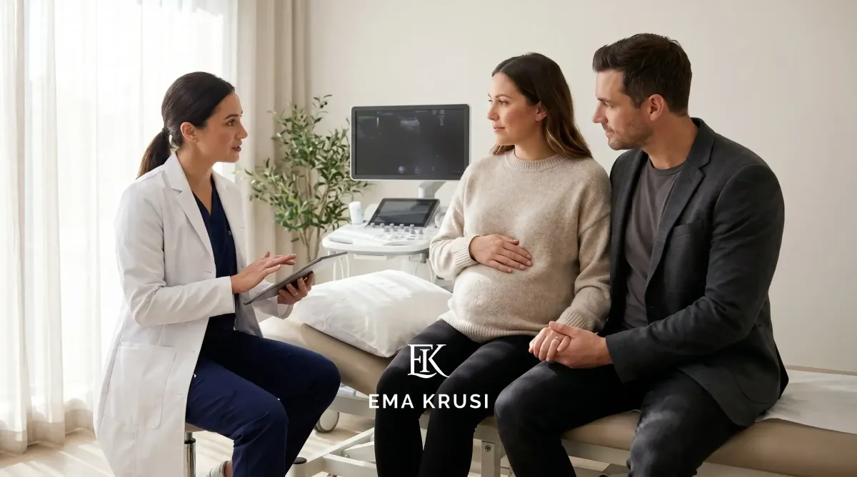 Professionnelle de santé échangeant avec une femme enceinte et son partenaire lors d'une consultation prénatale, illustrant le dialogue, l'information et l'accompagnement pendant la grossesse.
