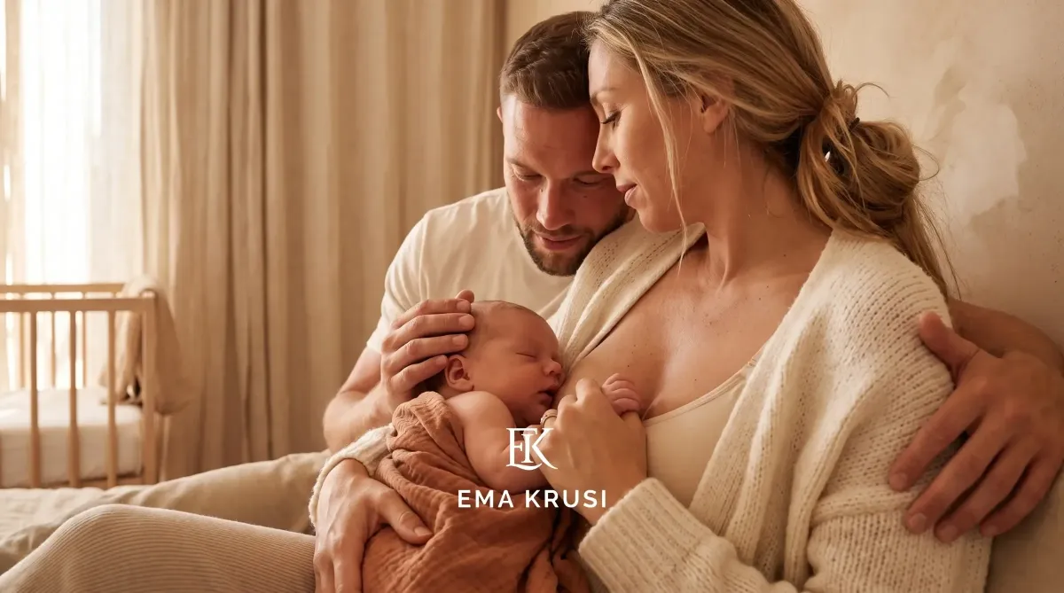 Femme enceinte debout dans l'encadrement d'une porte, les mains sur son ventre, illustrant une grossesse sereine, la confiance, l'attente de la naissance et un environnement chaleureux à domicile.