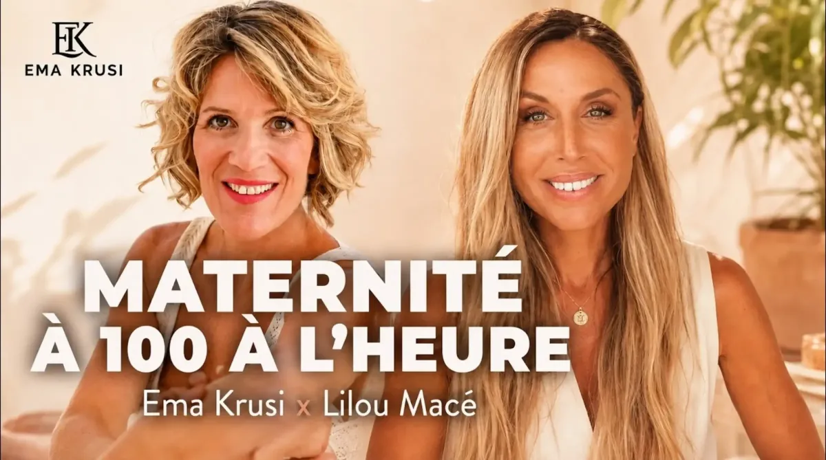 Ema Krusi et Lilou Macé échangent sur la maternité, le quotidien des mères, la charge mentale, l’équilibre familial et les réalités de la vie après la naissance.
