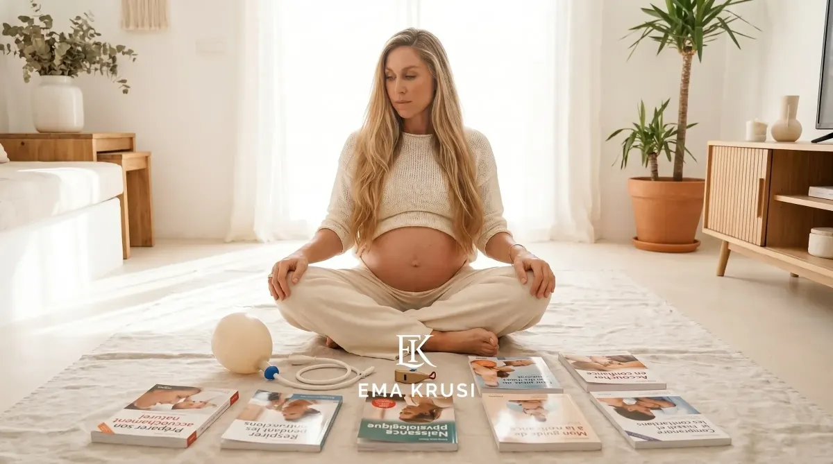 Femme enceinte entourée de livres et d’outils liés à la naissance, illustrant les différentes informations et méthodes utilisées pour se guider avant l’accouchement.