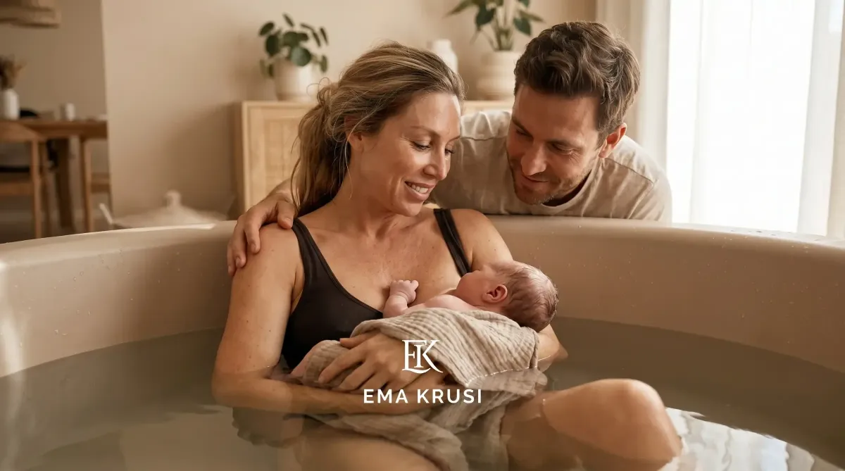 Une mère tient son nouveau-né contre elle dans une baignoire de naissance, son conjoint penché vers eux, dans une lumière douce.