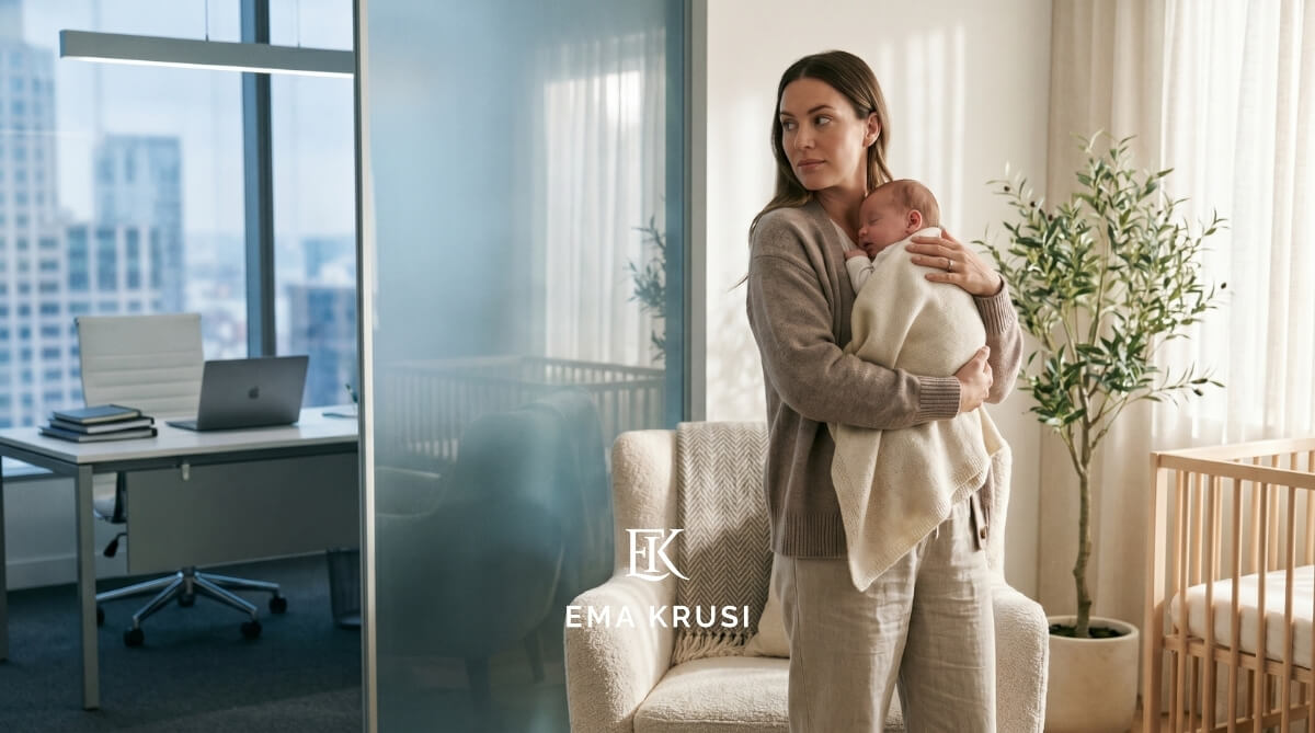 Une femme rayonnante tenant son bébé d'un bras, debout et assurée, dans une lumière lumineuse.