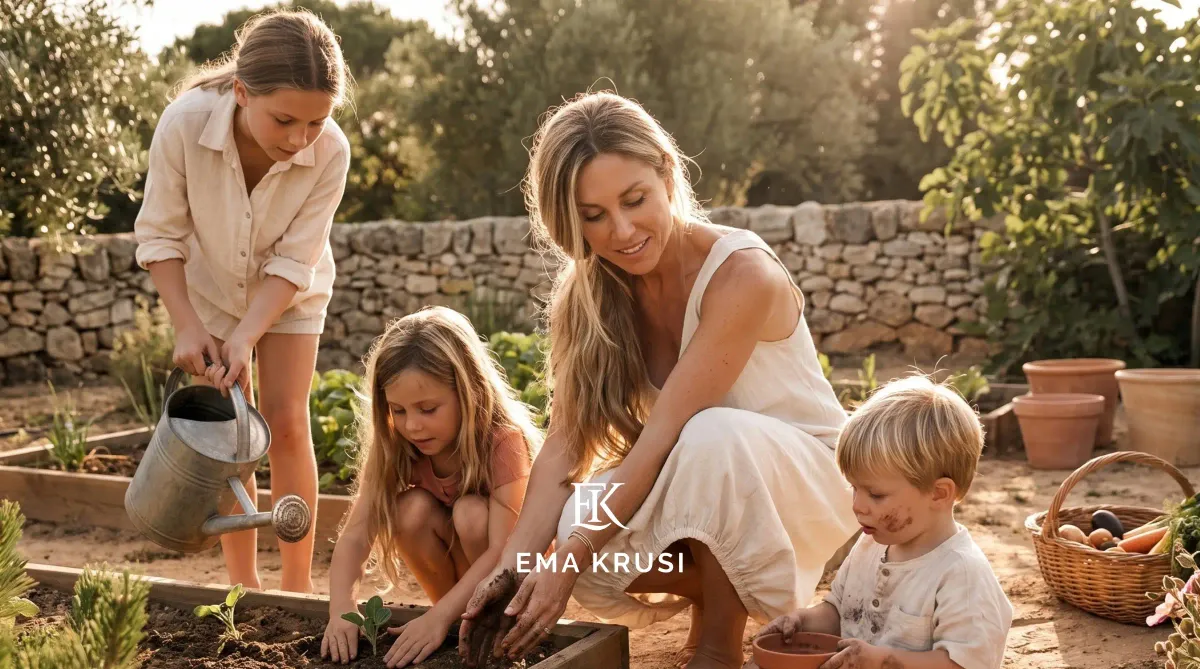 Une femme accroupie dans un potager plante un jeune plant avec 2 fillettes et un petit garçon, pendant qu'une grande fille arrose avec un arrosoir en zinc, devant un muret de pierres sèches baigné de soleil.