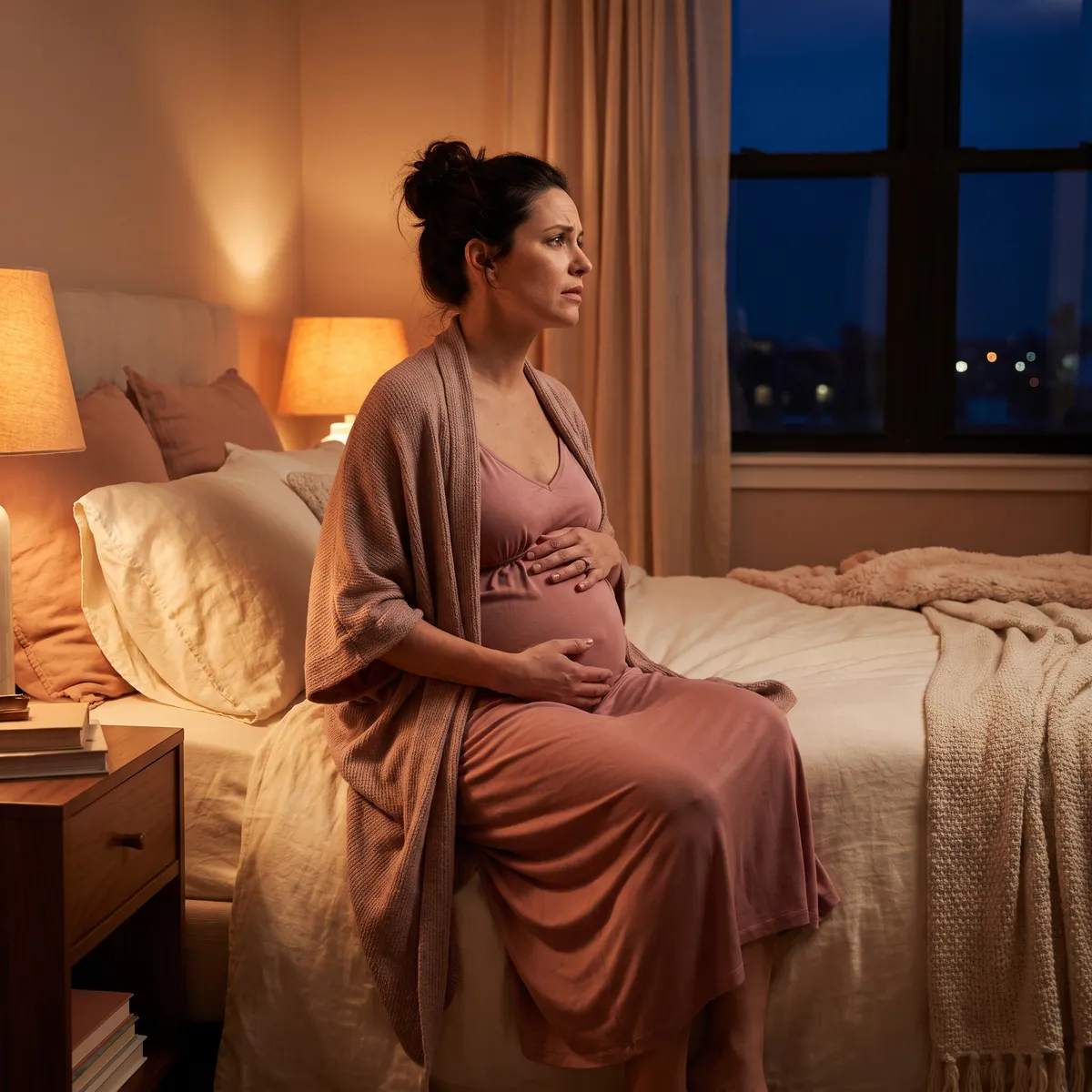 Une femme enceinte pensive, assise au bord de son lit, le soir