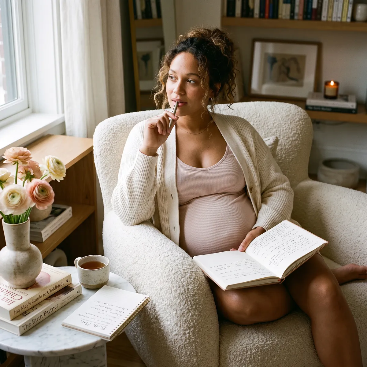 Une femme enceinte réfléchit, un livre ouvert sur les genoux, dans un fauteuil