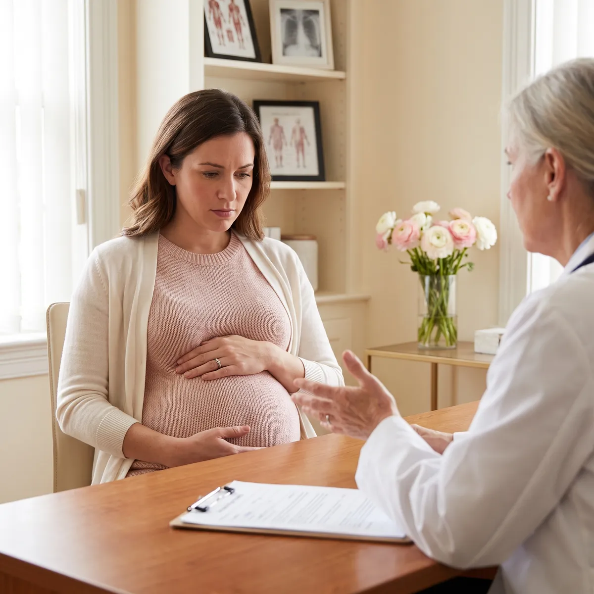 Une femme enceinte face à une médecin, à son bureau