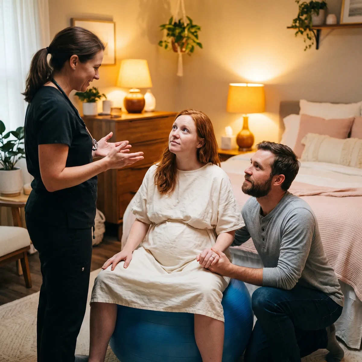 Une femme enceinte, assise sur un ballon, écoute une sage-femme, son conjoint à ses côtés