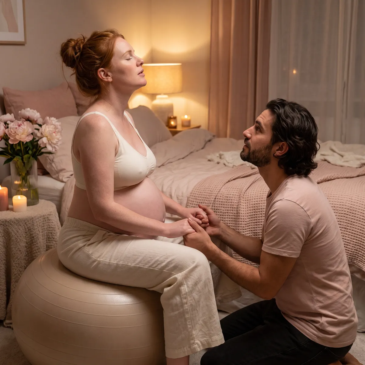 Un conjoint tient les mains de sa compagne enceinte, assise sur un ballon