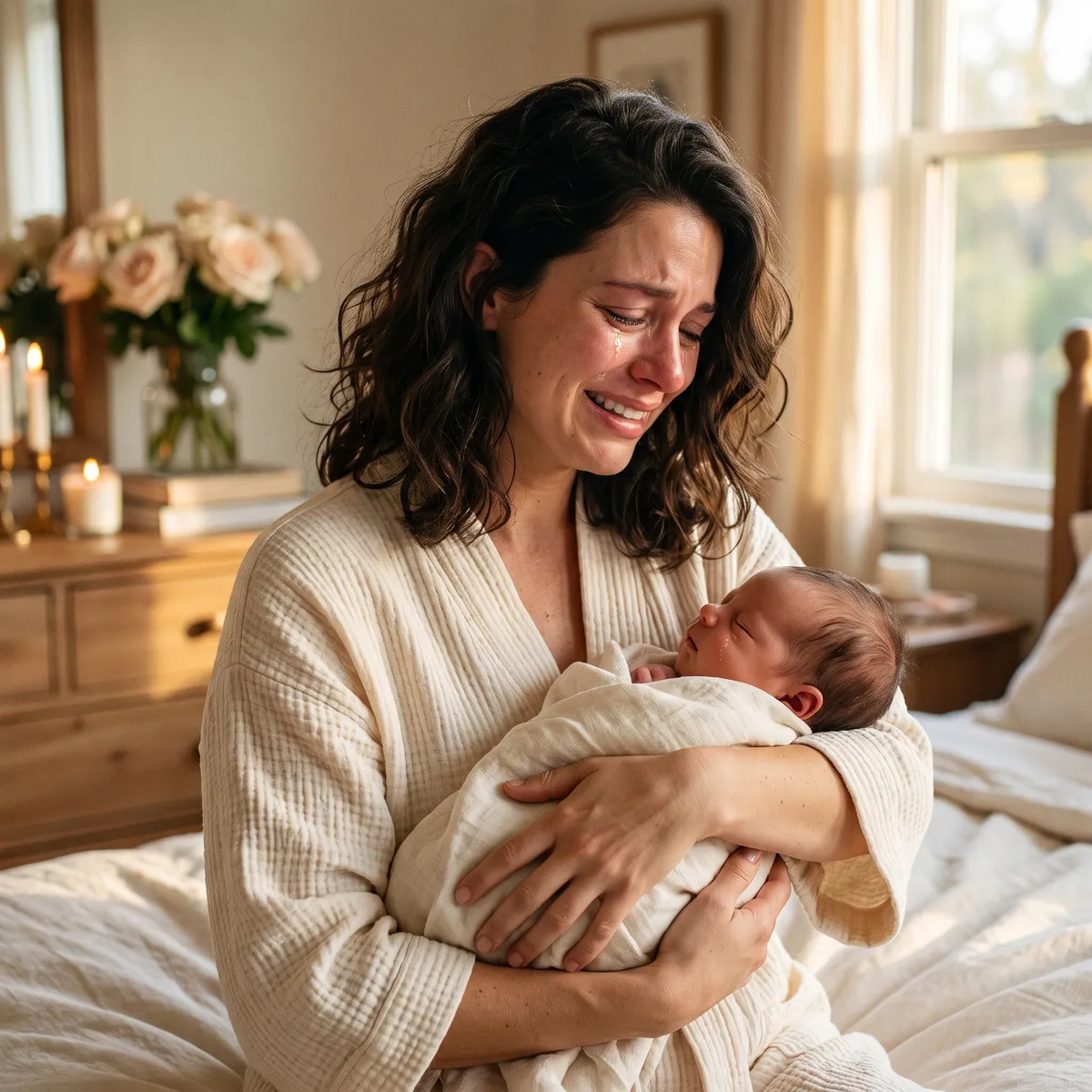 Une maman, les larmes aux yeux, serre son nouveau-né contre elle