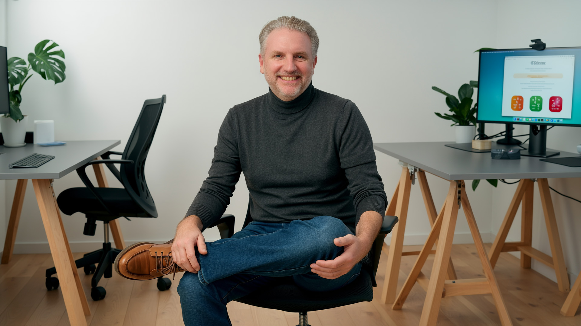 Konferenzraum-Tisch mit offenem Notizbuch, Stift und Entscheidungs-Matrix-Dokument.