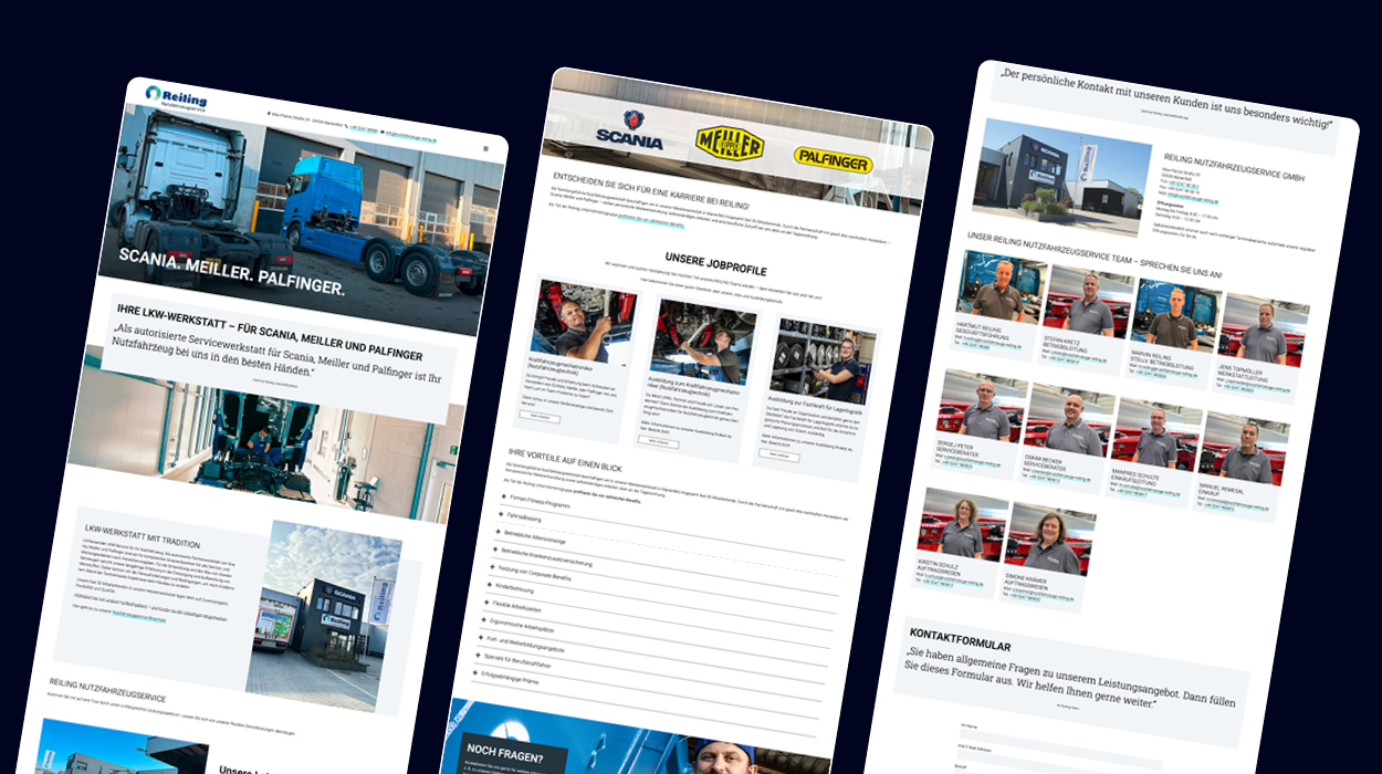 Das Screendesign der einzelnen Reiling Webseite im Vergleich