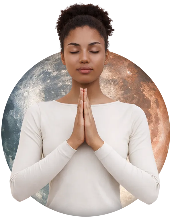 Woman meditating with moon imagery for spiritual shamanic coaching