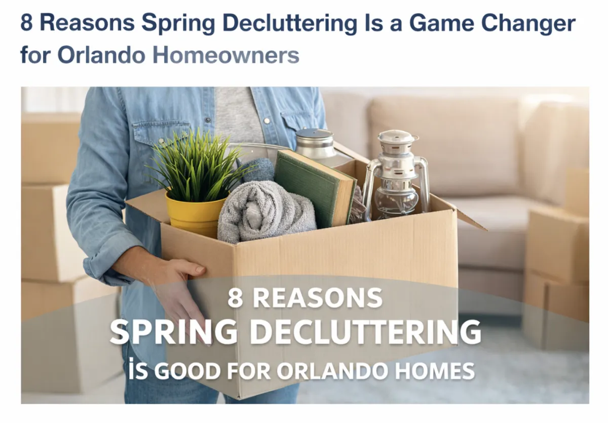 Orlando homeowner holding a box of unwanted items during spring junk removal and home decluttering
