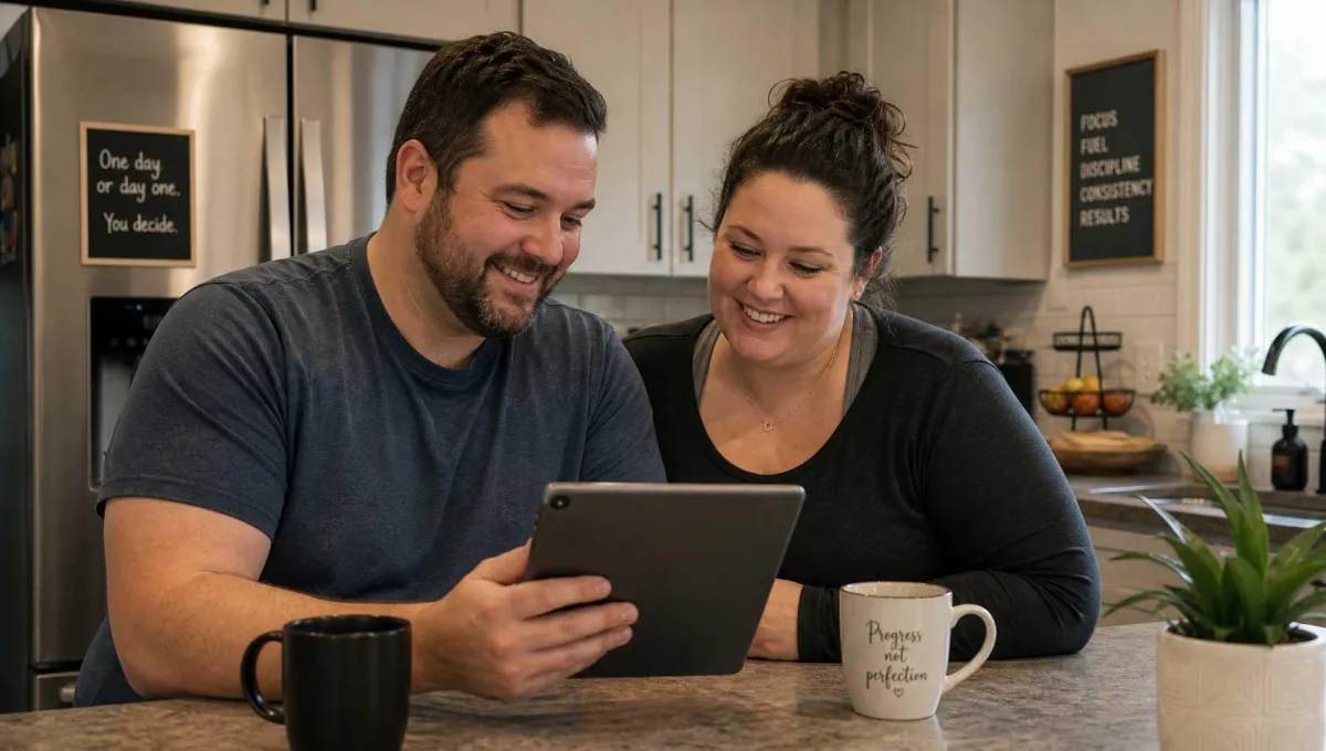 Couple at home reviewing their weight loss progress together on the Ideal Protein client platform