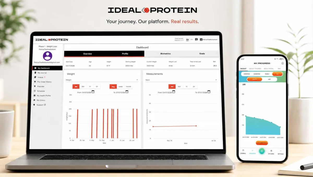 The Ideal Protein client platform on a laptop and mobile app, showing a client dashboard with weight loss progress charts, body measurements, and biometric tracking