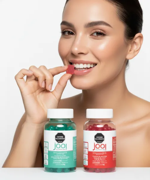 Gomas con vinagre de manzana en frasco de vidrio sobre fondo pastel