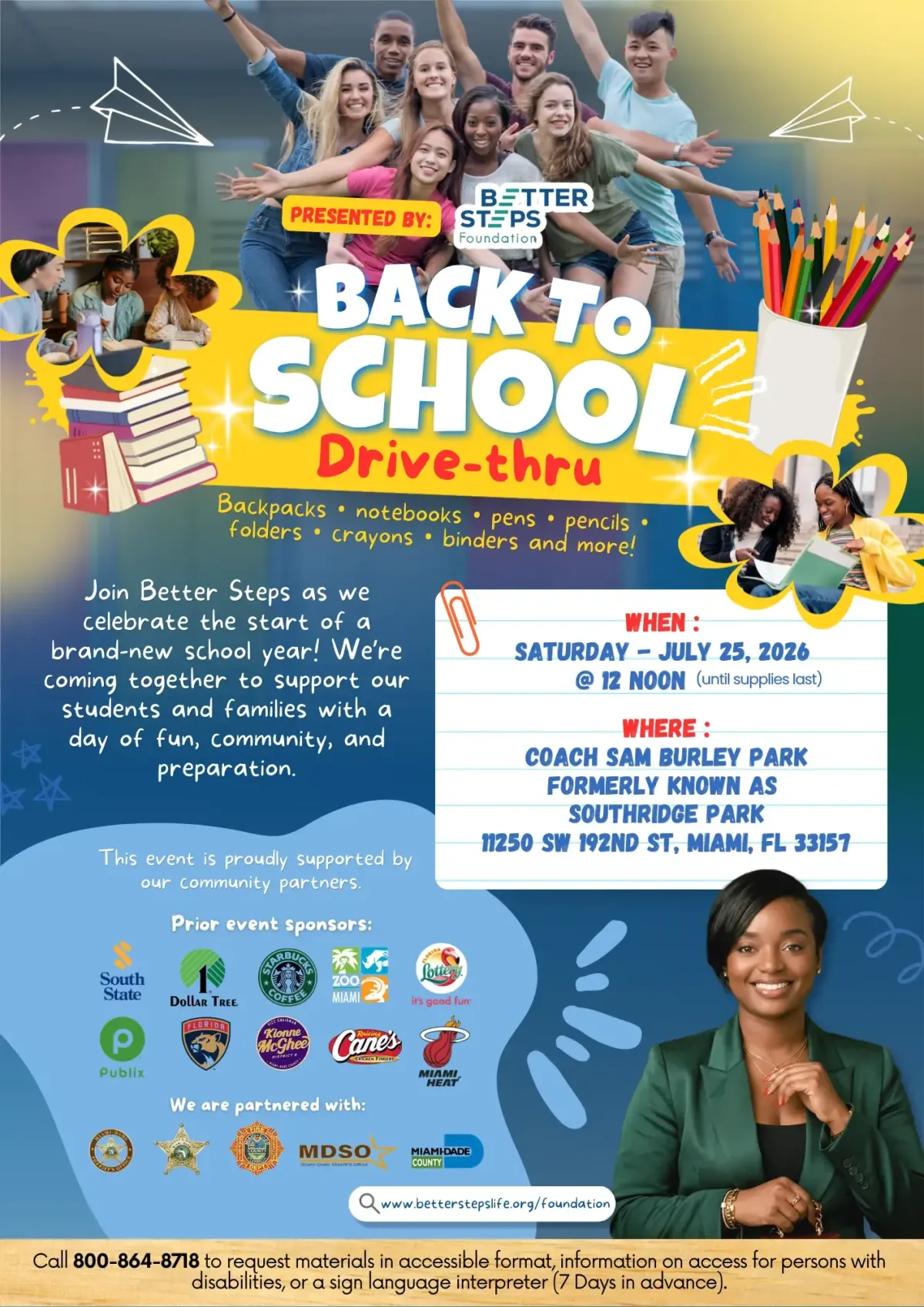 Flyer for the Better Steps Foundation 4th Annual Easter Egg Hunt in Miami, FL at Coach Sam Burley Park. Features event details, partner logos, QR code for donations, and highlights of kids' activities, free food, and community support.