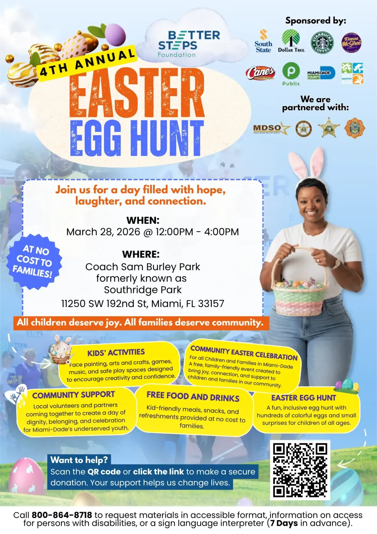 Better Steps Back to School Drive-Thru flyer advertising free school supplies including backpacks, notebooks, and binders. Held at Coach Sam Burley Park in Miami, FL, featuring a photo of smiling students and event sponsors.