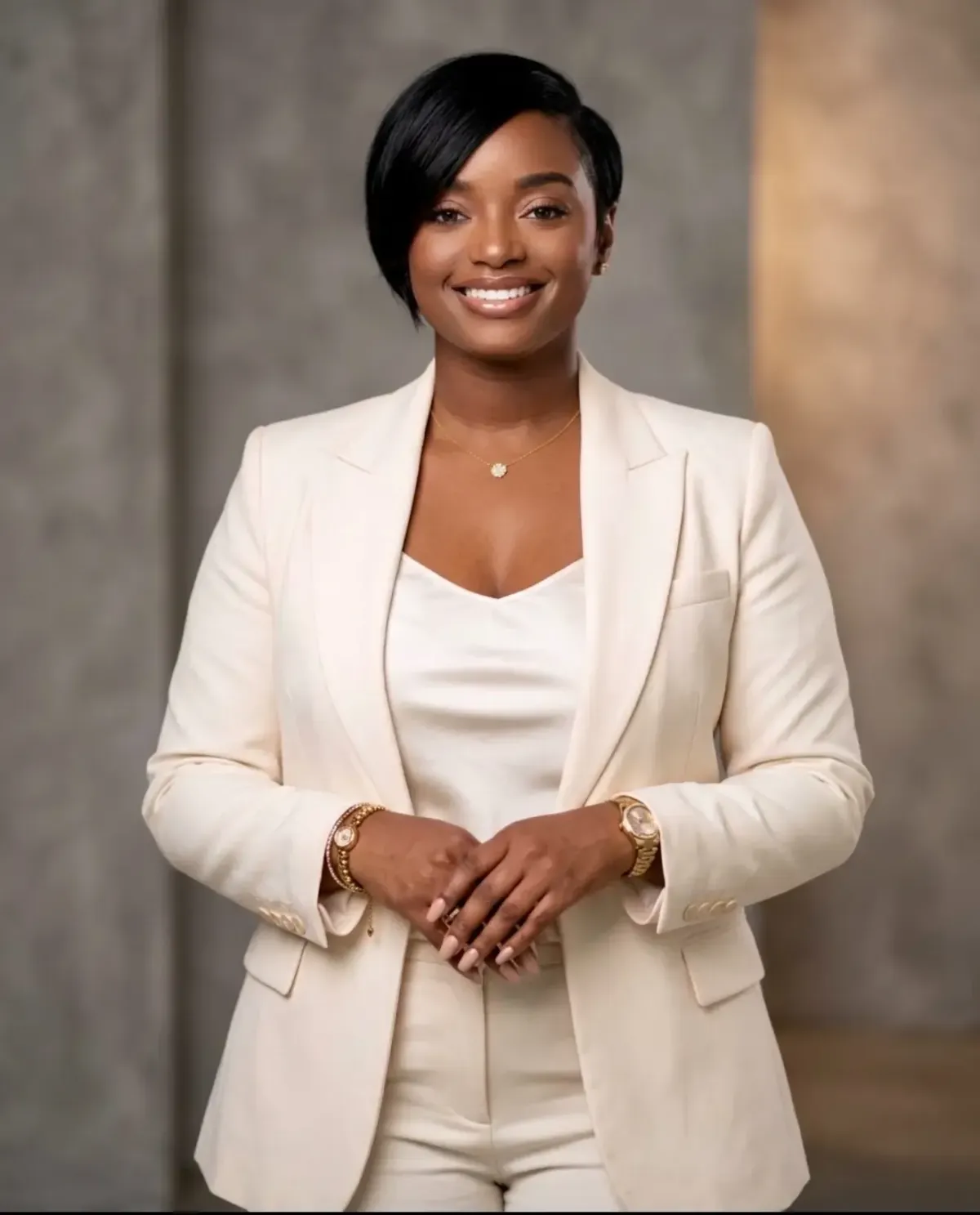 Dominiece Cox, founder of Better Steps Life Skills Center, wearing a white blazer.